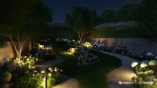 整体风格为[温馨治愈/现代简约/复古浪漫/自然森系]。画面以[夜晚的庭院/黄昏的花园/雨后的小院]为场景，镜头从[远观庭院全景缓缓推进/聚焦某盏灯的细节再拉远/环绕庭院一周]，展现[多盏不同样式的庭院灯共同点亮的瞬间/单盏灯在夜色中散发暖光的静态画面/灯光随微风晃动的动态效果]。
 
灯光颜色为[暖黄色/冷白色/渐变彩色]，光线需[柔和不刺眼，在地面/墙面形成斑驳光影/明亮清晰，照亮庭院路径/朦胧氤氲，营造朦胧氛围]。庭院中可搭配[绿植花卉（如月季、绣球、芦苇）/户外家具（如藤椅、木桌、秋千）/装饰元素（如鹅卵石小径、木质栅栏、水景）]，让灯光与环境自然融合，体现[宁静舒适的居家氛围/精致优雅的生活品味/充满生机的自然气息]。
 
节奏[舒缓平稳/轻快灵动]，可加入[轻微的虫鸣鸟叫/树叶沙沙声/水流声]作为背景音，增强画面的沉浸感。最后以[灯光下一家人闲聊的温馨背影/独自坐在庭院中品茶的惬意场景/灯光倒映在水面的唯美画面]收尾，突出庭院灯带来的[温暖与归属感/美观与实用性/氛围与情调]。 by Hailuo AI Video Generator
