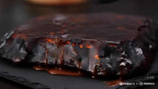 A highly realistic ultra-8K ASMR video shows a human using his hands to cut a detailed lava cake sculpture on a slate cutting board, cutting quickly, and the hot magma touches the gap at the moment of cutting.The cake resembles volcanic rock-obsidian, slightly burnt,with cracks clearly visible inside and emitting light. The camera uses a shallow depth of field close-up to capture the cinematic light and detailed glass texture. Each cut is precise and lifelike. The sound of metal rubbing against rock, the sound of magma erupting, and the sound of cutting by Hailuo AI Video Generator