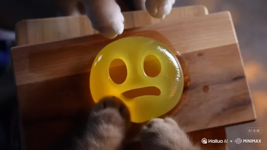 A highly realistic ultra-8K ASMR video shows a pair of cat paws pressing a ball of semi-transparent, three-dimensional, yellow slimeon a cutting board. The slime is in the shape of a three-dimensional yellow, translucent crying emoji expression, with mucus on the surface.The mucus will draw when the cat paw presses, and eachpress wil make a sticky soundThe ASMR perspective of the ultimategourmet food, the scene is softly illuminated by warm studio lights.The shallow depth of field blurs the background, shot from top to bottom, the ASMR cooking video perspective -no interference, only pure visual enjoyment. by Hailuo AI Video Generator