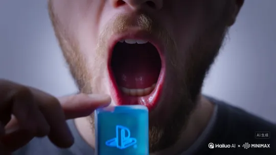 A highly realistic ultra-8K ASMR video, close-up of an open mouth with unshaven beard, a hand holding a square blue crystal next to the mouth, with the PS logo in the blue crystal minimalist photography,clean background, putting a blue crystal into the mouth, biting off a piece of blue crystal, the sound of the crystal breaking, the sound of chewing the crystal, no background interference, the ultimate gourmet ASMR perspective, capturing the movie-like lighting by Hailuo AI Video Generator