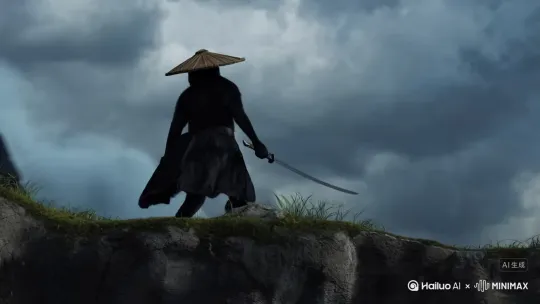 一只拿着武士刀，穿着黑色披风、头戴斗笠的黑猫站在悬崖边。突然，天空乌云密布，一条祸害人间黑龙从云里钻了出来，黑猫立刻对黑龙开启了斩杀，黑龙的爪子和黑猫的武士刀碰在一起，擦出了火花，黑猫被黑龙喷出的火焰给击退，武士刀被黑龙打向另一边，于是黑猫拿出了短刀，又与黑龙展开了激战 by Hailuo AI Video Generator
