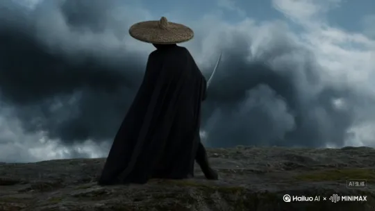 一只拿着武士刀，穿着黑色披风、头戴斗笠的黑猫站在悬崖边。突然，天空乌云密布，一条祸害人间黑龙从云里钻了出来，黑猫立刻对黑龙开启了斩杀，黑龙的爪子和黑猫的武士刀碰在一起，擦出了火花，黑猫被黑龙喷出的火焰给击退，武士刀被黑龙打向另一边，于是黑猫拿出了短刀，又与黑龙展开了激战，视频全长30秒 by Hailuo AI Video Generator