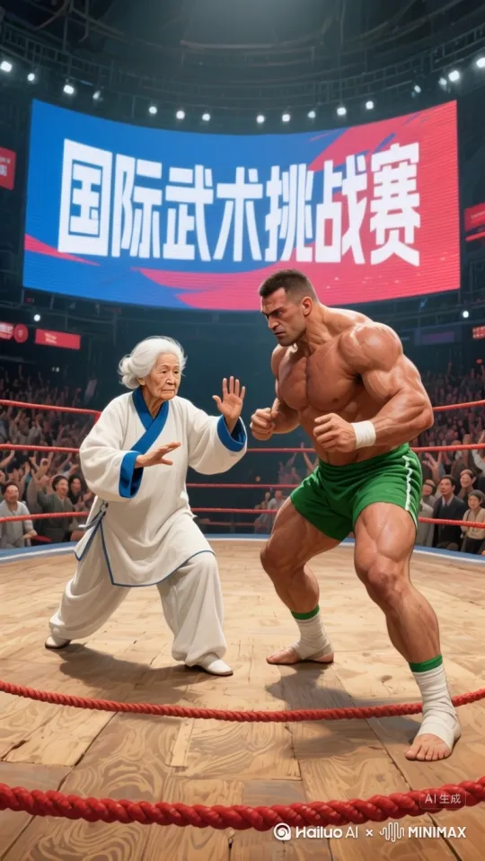 肌肉男明星弓步出右拳，拳头逼近老奶奶面部，老奶奶以云手顺时针拨挡，使出连环掌将肌肉男明星打败镜头根据画面自动选择变化 by Hailuo AI Video Generator