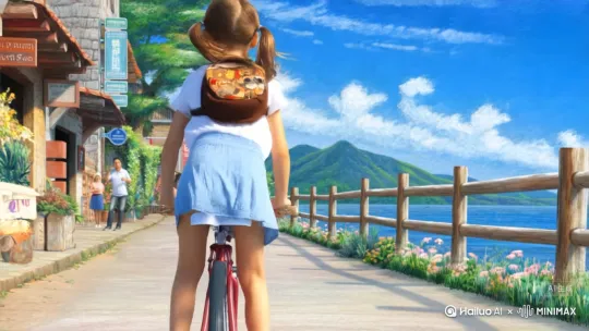 一位长发束于脑后的女孩，正沿着海滨街道骑行。背影正对着镜头，她身着白色短袖上衣、浅蓝色短裙，脚蹬带有彩色点缀的白色运动鞋，背着一个印有卡通图案的棕色背包。街道一侧是带有招牌的传统风格建筑、绿植以及行人，另一侧是大海，路边设有木栅栏。背景中是郁郁葱葱的山峦和湛蓝天空中蓬松的白云，画面明亮，洋溢着欢快、阳光的气息。高饱和度色彩，印象派绘画风格。强制背影视角， 近景镜头。	小女孩海滨街道骑行，相机跟随小女孩，微风吹过头发，白云缓慢的飘荡。花草随风摆动，相机跟随小女孩。要求动作自然流畅 by Hailuo AI Video Generator