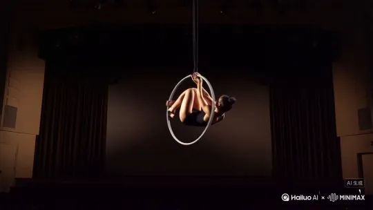 acrobatic performance:a performer swings rapidly on an aerial hoop, executing high-difficulty moves by Hailuo AI Video Generator