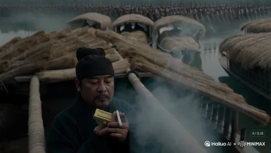 诸葛亮带着3万大军在草船上抽芙蓉王，还有很多烟雾。还是芙蓉王牌的烟。软包。 by Hailuo AI Video Generator