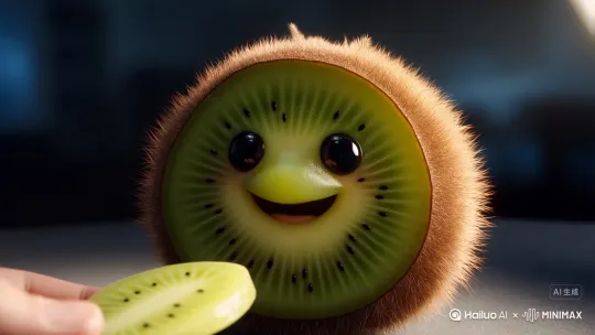 Hyper-realistic 4K ASMR scene, a kiwi fruit anthropomorphized into a cute creature: brown fuzzy skin with fine hair (each hair 3D - rendered, visible under soft light), half - peeled to reveal bright green flesh as a face—big glossy eyes (with micro - reflections like real glass), small smiling mouth. A human hand gently feeds a thin kiwi slice, capturing the moment: slice’s edge touches the kiwi’s “mouth” (juicy texture visible, black seeds in perfect detail). Background blurred dark to emphasize the main subject, ASMR vibes implied by the “crunchy - juicy contact sound” (visualized through hyper - realistic textures: flesh’s translucency, skin’s fuzz movement). Shot with Sony A7R5, 100mm macro lens, f/2.8, ISO 200, natural soft light (like studio diffused), ultra - detailed textures (fuzz, juice, seed patterns) —ar 1:1 —style raw —v 6 by Hailuo AI Video Generator