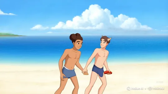 人物:哪吒，敖丙
场景:海边
简述:哪吒和敖丙争抢一个芝士香肠，结果他们一个也没抢到，因为芝士肠断成了两节，一节在哪吒手里喷着芝士，另一节在敖丙手上喷着芝士，哪吒张着大嘴哭，敖丙上下摩擦芝士肠想要堵住芝士，但是失败了
详细:在一个风平浪静的海边，从左到右一个运镜展示海滩全貌。哪吒和敖丙手拉手走在沙滩，平视运镜。敖丙突然从大腿间拿出一个红肠，哪吒好奇，于是伸手去抢敖丙腿间的红色肠，敖丙阻止他并告诉他这个是芝士肠不是红肠里面有芝士，哪吒一听来了兴致便伸手抢（给双手争抢红色芝士肠的特写）两个人便开始摩擦争抢芝士肠，结果芝士肠断了，并喷出芝士 by Hailuo AI Video Generator