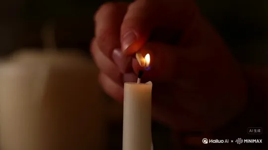 生成一段平拍视角的用火柴点燃蜡烛的特写，要求背景昏暗，突出火柴点亮蜡烛的氛围感。内容为一只手拿着点燃的火柴放到未点燃的蜡烛上，随后蜡烛被点燃，燃起烛光。 by Hailuo AI Video Generator