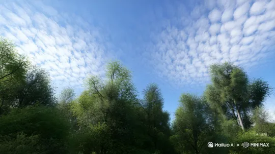 舒缓的音乐中，镜头从一片湛蓝的天空缓缓下移，掠过洁白如棉的云朵。接着，以平稳的速度滑向一片宁静的森林，穿梭在郁郁葱葱的树木间，光影斑驳。

来到森林深处，镜头贴近地面，聚焦在一丛绽放的野花上，花瓣上的露珠晶莹剔透。随后镜头上扬，展现森林中的一条清澈小溪，顺着水流方向移动，看着溪水潺潺流淌，水底的石头和游动的小鱼清晰可见。

镜头再缓缓拉远，从森林上方俯瞰，翠绿的森林与蜿蜒的溪流构成一幅绝美画卷，最终镜头渐渐模糊虚化 by Hailuo AI Video Generator