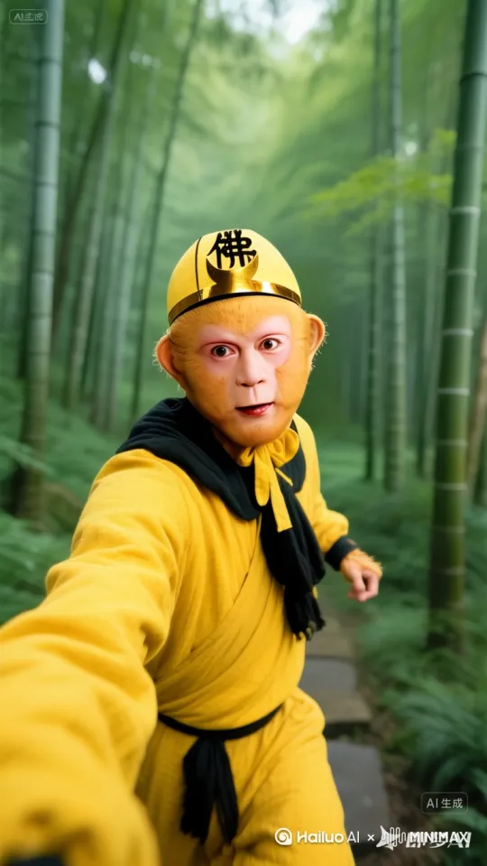 孙悟空边举着手机（镜头）边向前走着，镜头跟随。不一会儿被竹林中的鸟叫惊吓，停下脚步，保持右手姿势环顾四周寻找鸟叫声。 by Hailuo AI Video Generator