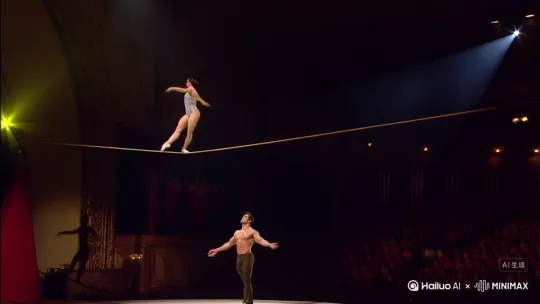 An acrobat quickly walks across a tightrope in the air, swaying slightly, then gracefully jumps down to the circus stage and is caught by a partner by Hailuo AI Video Generator