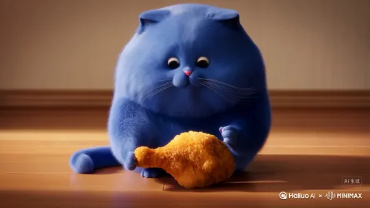 生成一只篮色的胖猫在吃麦当劳鸡腿 by Hailuo AI Video Generator