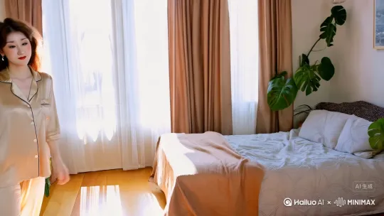 分镜1: 一位身穿米色丝绸睡衣的年轻女子在清晨的卧室内醒来，轻轻揉着眼睛走向客厅。原木地板上的阳光透过纱帘洒入，镜头跟随她的步伐移动。女子在厨房柜台前冲泡咖啡，蒸汽缓缓上升，布艺沙发旁的绿植在柔和光线下显得生机盎然，整体画面充满宁静温馨的生活气息。 by Hailuo AI Video Generator