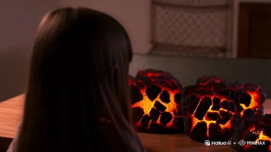有一个不露脸的长发女生坐在桌前桌面上有许多岩浆块，把它拿起来一块，然后放一嘴中咬了一口还会拉丝 by Hailuo AI Video Generator