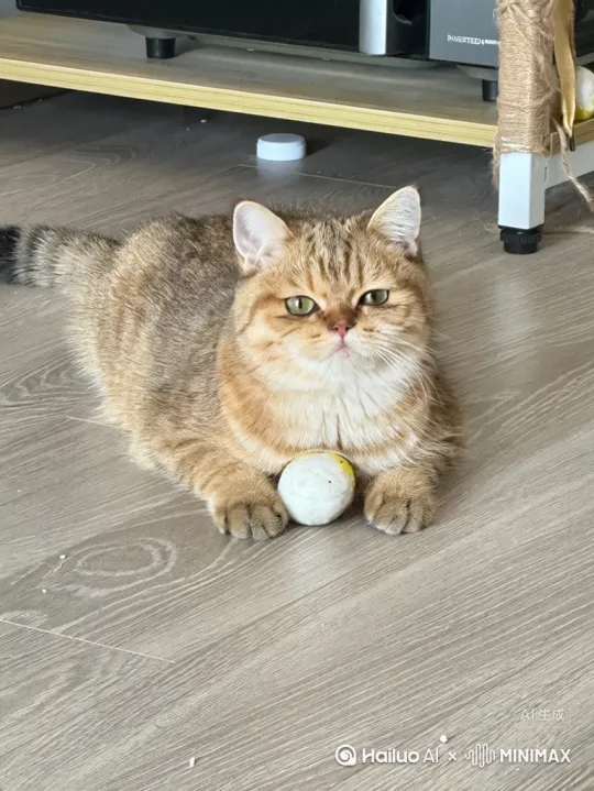 这是我的猫小怂怂，帮我制作视频她放下她的玩具小球，走过来对我喵喵叫，小球放下需要有动态的弹跳效果 by Hailuo AI Video Generator