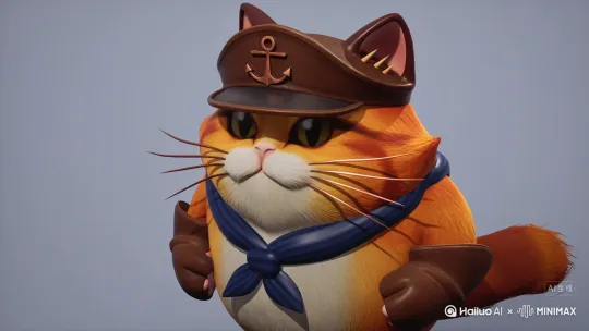 （人物三视图）华田园猫（混色橘色猫，脸部有对称虎斑），戴磨损的棕色皮质船长帽（帽檐有锚形铜扣），脖子系藏青条纹领巾，前爪戴半指皮质手套（露出肉垫）。体型健壮（毛发采用分层雕刻：底层绒毛用短曲线肌理，表层护毛用粗颗粒质感，胡须做半透明亚克力效果；服饰褶皱用刀刻式凹陷，铜扣做做旧氧化纹理）（表情严肃） by Hailuo AI Video Generator