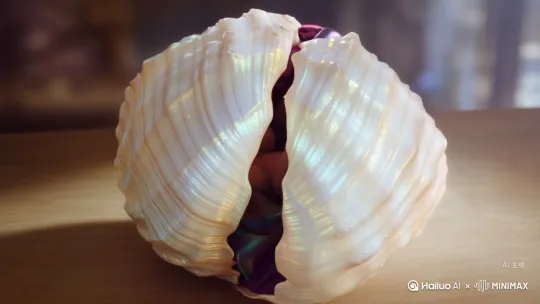 [左移,推进,右摇] 一只美轮美奂的贝壳慢慢张开，里面躺着一个啼哭的婴儿，可爱的婴儿边上是五彩的丝绸 by Hailuo AI Video Generator