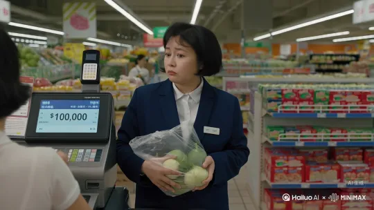 一个，去超市买东西，买了一些菜，那些菜都很便宜，结果结账的时候10万元 by Hailuo AI Video Generator