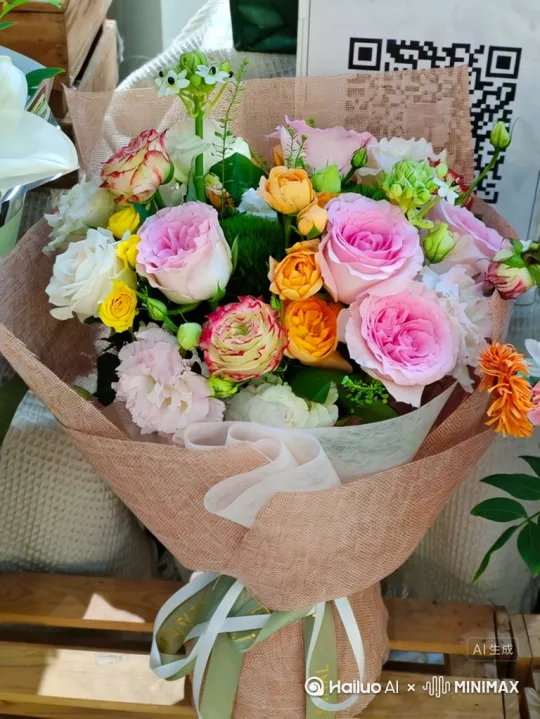 运用希区柯克变焦镜头靠近花束，花束周围旋转飞来五颜六色的花瓣 by Hailuo AI Video Generator