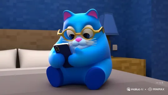 3D动画风格一只蓝色的胖猫耳朵内为粉色他有白色的胡须和粉色的鼻子他戴着黄金眼镜放在床上看手机时，突然穿越到了我的世界游戏里面，他跟史蒂夫一起战斗 by Hailuo AI Video Generator