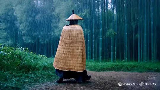 真实电影风格，在中国山区竹林里，大雨磅礴，一个侠客身穿蓑衣斗笠站在雨中，一把飞刀向他飞去，[右移,左摇,跟随]飞刀到他跟前时触发子弹时间，时间流逝变得缓慢，雨滴几乎定格在空中，侠客转身，躲开飞刀 by Hailuo AI Video Generator