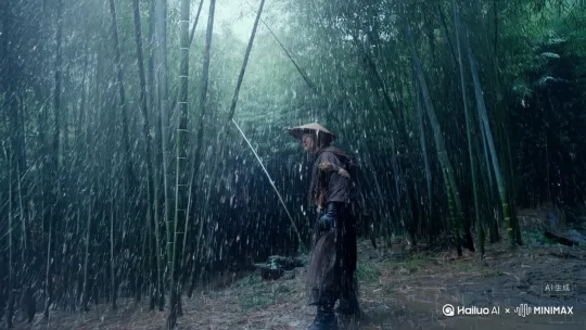帮我生成真实电影风格的视频。在中国山区茂密竹林里，大雨磅礴，雨水密集倾泻而下。[左移,推进,右摇]一位侠客身穿深棕色的蓑衣，戴着宽大的斗笠，站立在泥泞的地面上，表情警惕而专注。一把银色的飞刀从竹林深处快速飞来，直指侠客。当飞刀接近侠客身前时，镜头切换到慢动作，雨滴几乎定格在空中，悬浮着晶莹剔透。侠客迅速转身，身体轻盈地向侧方闪避，巧妙地躲开飞刀。 by Hailuo AI Video Generator