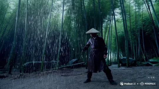 真实电影风格的视频。在中国山区茂密竹林里，大雨磅礴，雨水密集倾泻而下。[左移,推进,右摇]一位侠客身穿深棕色的蓑衣，戴着宽大的斗笠，站立在泥泞的地面上，表情警惕而专注。侠客持剑，从地面往上挑起，剑端发出剑气如风刃一样向前飞去，剑气所到之处，雨水被弹开，竹子被切断一大片。 by Hailuo AI Video Generator