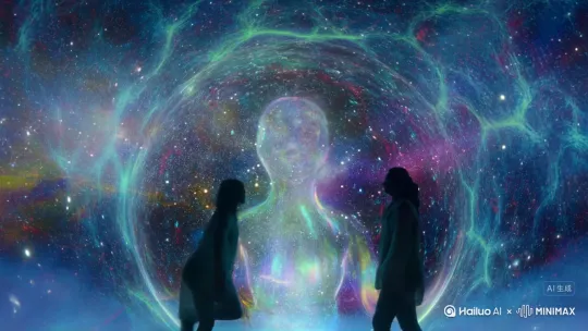 两个人走在一起然后拥抱，混沌透明的宇宙星云漩涡中心一个宇宙神明隐约出现，身体透明飘渺由流动星空，星云，星体组成，无面人，多重面幻像   虚与实   虚影动态模糊，色彩致幻  曜变   动态模糊，荧光笔马克笔结构平涂    超细节  ， 意识流绘画，荧光光影流动，胶片感拍摄，新视觉、电影情节[推出,上升,下摇] by Hailuo AI Video Generator