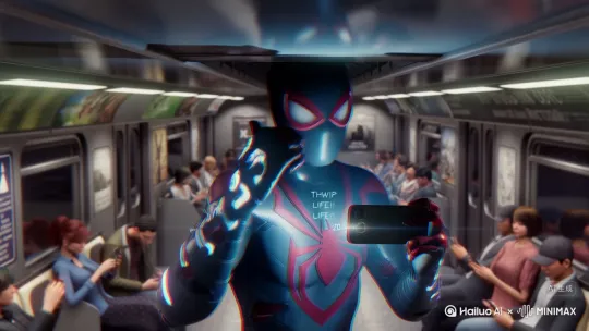Spider-Man selfie vlog, 🕷️ 1st person POV,
Peter Parker in homemade suit holding smartphone,
--scene: `Subway car interior, hanging from ceiling, commuters staring at phone | Grunge lighting, motion vibration lines`
--action: Web-swinging motion blur, lens flare on phone camera,
--vlog elements: Phone screen overlay (显示电量🔋+20:17时间戳), thumbs-up gesture,
Dynamic fisheye lens, GoPro chest-mount perspective,
Graffiti-style text floating: "THWIP LIFE!! ✌️",
Neon-accented shadows, chromatic aberration,
Trending TikTok/Instagram aesthetic,
Style: Hyper-realistic 3D render + glitch art effects --v 6.0
(deformed fingers, extra arms:1.3), full-face mask, villain, battle damage,
(professional camera, tripod:1.5), studio lighting, comic book panels,
(watermark, signature, text blocks:1.6), vintage filter, oil painting by Hailuo AI Video Generator