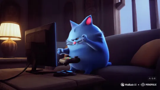 3D动画风格，一只蓝色的胖猫,耳朵内为粉色，黑色白色的胡须和粉色的鼻子，他在沙发上玩PS5游戏机的时候，不小心穿越到了黑神话悟空游戏里面 by Hailuo AI Video Generator