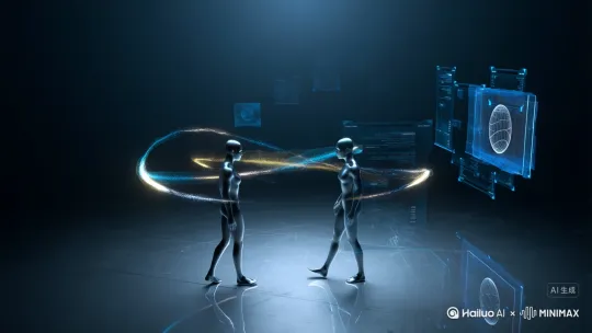暗调科技空间里，OC渲染的数字人渐显。冷银金属地面映出两人轮廓，全息数据流缠绕周身，右侧浮着教学全息屏。
他们迎向彼此，拥抱时数据流迸发金蓝光芒，三维粒子。特写交叠的肩，金属光泽与暖光交融。
余音带电子颤音。[下降,上摇] by Hailuo AI Video Generator