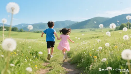 中景	阳光明媚的春日，一片广袤的蒲公英田野，微风轻拂，蒲公英轻轻摇曳。嫩绿的草地与白色绒球般的蒲公英相互映衬，远处是连绵起伏的青山，与蓝天相接。
跟拍，镜头跟随两人移动，保持中景
两人步伐轻盈，脸上的笑容灿烂，小径旁生长着一些不知名的野花野草，随风摆动 by Hailuo AI Video Generator