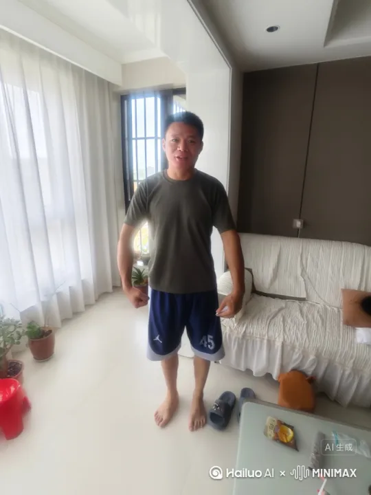 画面的主体是图中的男子，他抬起双臂笑着秀肌肉💪🏻，然后一个巨大的钢铁恐龙从天而降，将图中的男子一脚踩扁了，对天长啸 by Hailuo AI Video Generator