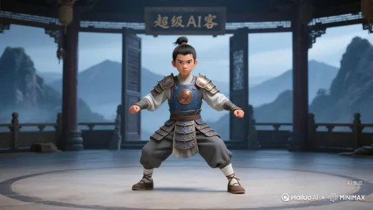 揽雀尾起手：右脚向右前方迈出一步，成右弓步。同时，左手向前伸出，掌心向下，右手经腹前向上划弧至左前臂内侧，掌心向上，两手臂呈抱球状，如同揽雀尾之势，动作舒缓且沉稳，展现出太极的圆融之感。
白鹤亮翅：上体后坐，重心移至左腿，右脚尖内扣；同时，左手向左后方划弧下落，右手向上翻转至额头前上方，掌心向左，身体微微向右拧转，如同白鹤展翅欲飞，动作轻盈且刚柔并济。
野马分鬃：右脚向右前方迈出成右弓步，同时，左手向左下方划弧，右手向右上方划弧分开，左手至左胯旁，右手至右肩前上方，两臂皆呈弧形，动作舒展，似野马奔腾时鬃毛飞扬，充满力量感。
闪通臂：上体稍向右转，左脚向前迈出成左弓步；同时，右手由体前上提，掌心向上翻，至右额前上方，左手向前推出，高与鼻平，掌心向前，动作干脆利落，快速转换间展现出敏捷身姿。
蓄力与大招
蓄力：双脚快速交替小碎步移动，带动身体旋转，双臂弯曲在胸前快速划圆，仿佛在凝聚周围的能量。随着旋转，周身气流涌动，衣袂翻飞，眼神愈发锐利且专注。
降龙十八掌 - 神龙现世：旋转速度达到极致时，双脚猛地定住成马步，双掌向前迅猛推出，掌心向前。与此同时，金色光芒从掌心爆发，一条栩栩如生的金色神龙由光芒中凝聚成型，咆哮着向前冲去，所过之处空气震荡，带有毁天灭地之势。 by Hailuo AI Video Generator