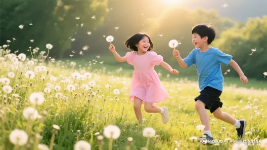 中景	回忆画面浮现，男孩和女孩在蒲公英丛中嬉笑玩耍。他们的笑容是那么纯真，互相追逐着，手中挥舞着蒲公英。阳光洒在他们身上，形成金色的光晕。
固定镜头，展现回忆中的场景
男孩和女孩的动作轻盈活泼，蒲公英种子在他们周围飘散，画面充满了生机与活力，色调明亮鲜艳 by Hailuo AI Video Generator