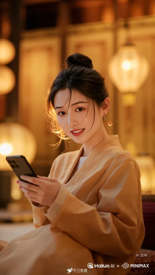 古风，8K极致高清分辨率，8K极致丝绸反光，8K极致细腻肌肤，8K极致高清电影，机灵的姑娘在开心快乐的刷抖音，不时地发出笑声 by Hailuo AI Video Generator