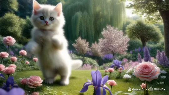 高清摄像机拍摄，可爱的小猫，在花园里跳舞，周围都是花草树木，
画面风格：莫奈风格，超现实主义 by Hailuo AI Video Generator