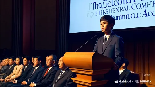 一位西装青年在演讲台上演讲，演讲台后的背景板上写着梧茗学社第一届中央委员会第二次全体会议。 by Hailuo AI Video Generator