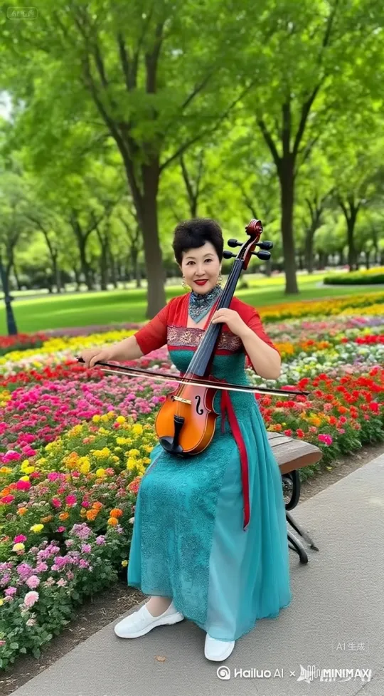 l让图片上的这位女士把琴拉起来，随着琴声边唱边拉，面带笑容开心的唱着拉着身体左右斜摆动着。 by Hailuo AI Video Generator