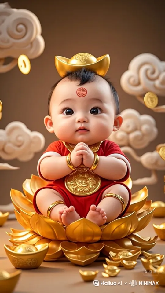 帮我生成一条招财童子的视频,萌宝端坐在金莲台,双手合十,头顶元宝,大眼睛。额头有莲花印,手脚都有金镯子,宝宝时不时就笑一下,手中还变出一块金子,旁边好多散落的金元宝,宝宝时不时笑一下,纯真萌态,几个月大的,正面的,可爱。逼真的近照 by Hailuo AI Video Generator