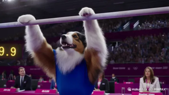 Ultra HD 8K, slow motion close-up, Olympic gymnastics arena.  
A muscular Border Collie wearing a blue unitard with "GERMANY" on the back, grips the horizontal bar with its front paws.  
**Action Sequence**:  
1. Powerful swing to initiate a stalder circle (legs split 180°),  
2. Two consecutive flawless circles, body fully extended,  
3. Release the bar at the peak height,  
4. Double backflip in mid-air (hind legs tucked, spine arched),  
5. Perfect four-paw landing on the mat, chest raised proudly.  
Background: Judges staring in awe, scoreboard flashes "9.9", crowd cheering.  
Style: Photorealistic, dynamic sports photography, NBC Olympics broadcast tone.  
Technical: Smooth motion blur, fur details wet with sweat, slow-mo on landing. by Hailuo AI Video Generator