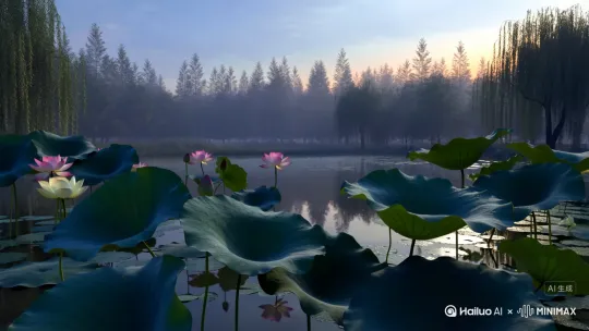 ### 一｜晨光微起 · 荷塘初醒（05:30 AM）

**① 画面类型**：16:9横幅画面，纪实写实风格，低角度主观仰视，采用三分法构图，前景为近处荷叶，画面深度从湖面延伸至远处晨雾林带。

**② 画风**：写实摄影风，参考自然纪录片风格，整体色调偏清晨薄冷蓝，低饱和，画面宁静克制。

**③ 环境设定**：小型天然湖塘，四周柳林轻垂，荷花半开，荷叶有晨露未干。远处有晨雾缥缈，倒映于波光之中。

**④ 角色形象**：无人物，仅展现自然。偶有蜻蜓掠过镜头，或青蛙跃入水面。

**⑤ 角色动作**：无明显动作，仅镜头推进。荷叶随水波轻轻晃动，蜻蜓短暂停留又飞走。

**⑥ 灯光与色调**：日出前的冷光为主，偏蓝紫，局部有早光橘红掠过湖面，光线柔和散漫。

**⑦ 情绪氛围**：清凉、静谧、带有苏醒气息，仿佛天地正缓缓睁眼，荷塘沉入一种温柔的开始。

**⑧ 镜头视角与运动**：缓慢推镜从荷叶间移向远方，轻微环绕，仿佛观者蹲坐于岸边凝视。

**⑨ 材质与质感**：荷叶表面显现清晰叶脉，水珠滚动可见；水面略有纹波，荷花花瓣柔软透明，略透晨光。

**⑩ 空间景深与层次**：近景为荷叶与露珠，中景为开合不一的粉白荷花，远景雾中树影与水中倒影，空间递进清晰。

**⑪ 时间感**：夏季黎明，天空由深蓝渐变为鱼肚白，时间仿佛缓慢流动。

**⑫ 文化语境**：中国文人画意象“荷风送香气，竹露滴清响”，体现晨间净心静观的传统心境。

**⑬ 声音暗示（ASMR）**：轻微水波拍岸、荷叶轻摩、远处晨鸟清鸣、偶尔一滴露水落入湖中。

**⑭ 物理逻辑一致性**：光线方向与倒影一致，荷叶与水波交互合理，昆虫动作自然流畅。

**⑮ 后期质感与视觉滤镜**：略加晨雾滤镜，增加氛围柔光，不做多余虚化，保留自然纹理细节。

**⑯ 视线引导与引流线**：荷叶构成放射状引导，水面倒影自然汇聚视线至湖心远方。

**⑰ 蒙太奇逻辑**：荷叶近景 → 蜻蜓掠过 → 雾中湖面全景 → 清晨天光亮起。

**⑱ 节奏与组接**：极缓慢节奏，镜头如呼吸般推进，适合冥想静观，节奏感为“晨钟初响”。

**⑲ 视觉隐喻与象征物**：露珠 = 洁净初心，薄雾 = 朦胧未醒的思绪，初绽荷花 = 新的开始。

**⑳ 多画面叙事结构**：画一：近景蜻蜓落于荷叶 → 画二：露水滚动 → 画三：湖面全景晨雾升腾 → 画四：日光初照荷塘水心。 by Hailuo AI Video Generator