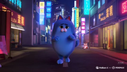 一直蓝色的胖猫（有手有脚，比较像人）在大街上直立行走，路边全是台球厅和KTV，边上来了几个河北的精神小伙吓唬胖猫，赶紧跑了，买了回上海的机票，并上了飞机[推出,上升,下摇] by Hailuo AI Video Generator
