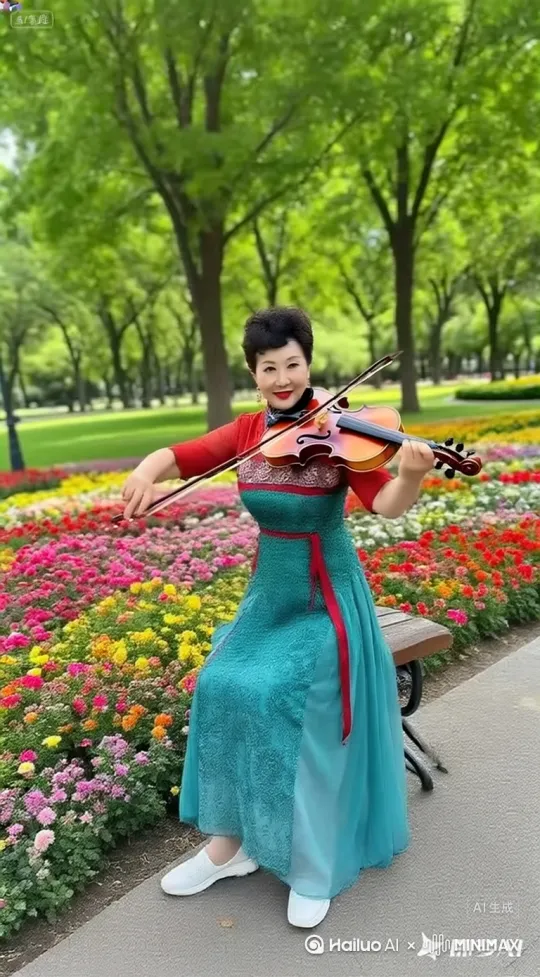 让图中女士右手把小提琴拉起来。身体左右摆动着面带微笑的拉着琴，拉着拉着慢慢的站起来向前走两步。 by Hailuo AI Video Generator