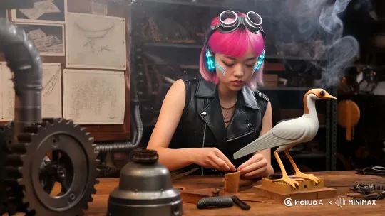 主角身穿复古皮革背心与护目镜，坐在充满齿轮与蒸汽管道的工坊中。背景是桌上散落的工具与半完成的机械鸟模型，蒸汽缓缓从管道中冒出，整体画面充满怀旧与未来交织的冲突感。 by Hailuo AI Video Generator
