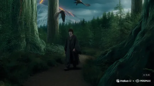 霍格沃兹风格的魔法世界背景，一个穿着破旧法袍的年轻巫师走在森林的小路上，天空中有狮鹫在飞，远处的雪山顶上有岩浆流出。 by Hailuo AI Video Generator
