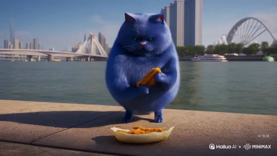 蓝色的小胖猫在天津海河边往煎饼果子里加鸡柳 by Hailuo AI Video Generator