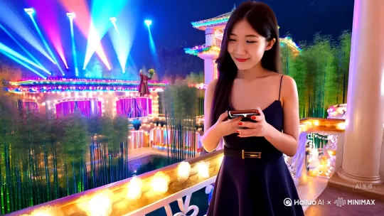 [左移,推进,右摇]潘金莲穿越到现代，拿着智能机在别墅阳台打电话，披肩发高跟鞋，吊带短裙A4腰，她时不时望着下面竹林处的着古装的西门庆笑，西门庆在别墅对面竹林处左手拿着鲜花挥舞向金莲示意，右手拿着话筒唱歌偏偏喜欢你，别墅彩灯闪炼梦幻，远处射灯不时转动射来五彩光束，过了一位儿西门庆飞上阳台献花给金莲，金莲含羞接花致谢，用3D渲染和摄影写真与自然相结合手法。[推进,上升] by Hailuo AI Video Generator