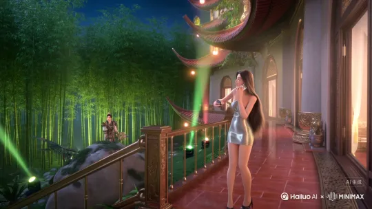 帮我生成一个视频：帮我生成一个视频：帮我生成一个视频：帮我生成一个视频：潘金莲穿越到现代，拿着智能机在别墅阳台打电话，披肩发高跟鞋，吊带短裙A4腰，她时不时望着下面竹林处的着古装的西门庆笑，西门庆在别墅对面竹林处左手拿着鲜花挥舞向金莲示意，右手拿着话筒唱歌偏偏喜欢你，别墅彩灯闪炼梦幻，远处射灯不时转动射来五彩光束，过了一位儿西门庆飞上阳台献花给金莲，金莲含羞接花致谢，用3D渲染和摄影写真与[左移,推进,右摇] by Hailuo AI Video Generator